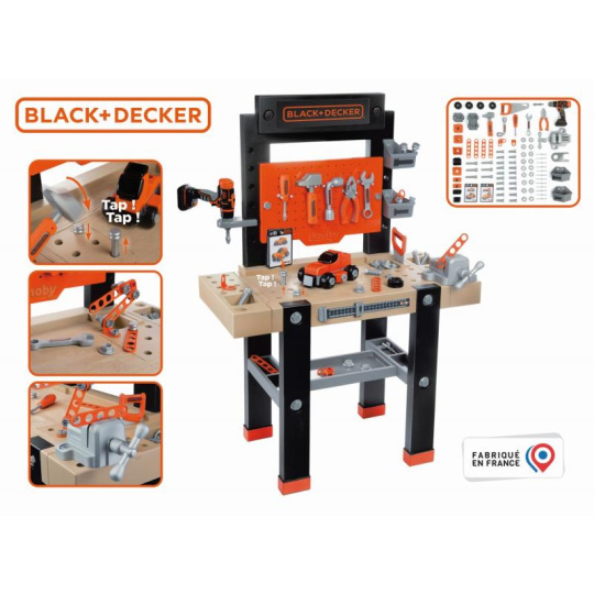 Smoby Pracovní dílna s mechanickou vrtačkou Black&Decker Bricolo Center Workbench se zatloukačkou a skládacím autíčkem 92 doplňků 103 cm výška