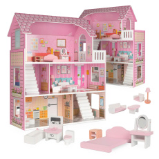 KIK Dřevěný domeček pro panenky Trikito 70 cm růžový + nábytek 