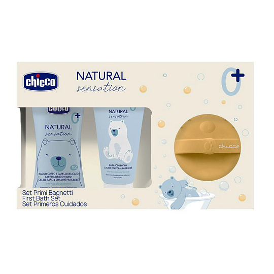 CHICCO Sada dárková kosmetiky Natural Sensation + silikonová mycí houbička méďa