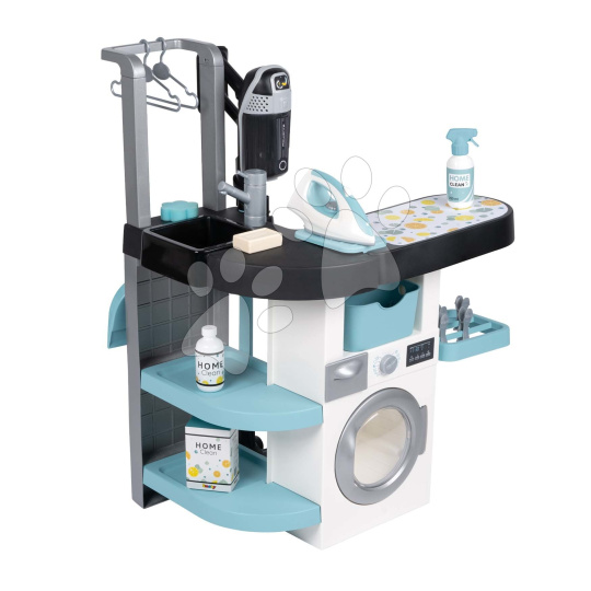 Smoby Prádelna s pračkou s předním plněním Rowenta Wash&Clean Laundry  s elektronickým vysavačem se zvukem a žehličkou 17 doplňků