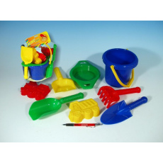 Kbelík sítko lopatka kupecká lopatka hrabičky plast v síťce 20x28x12cm 12m+ Kbelík sítko lopatka kupecká lopatka hrabičky plast v síťce 20x28x12cm 12m+