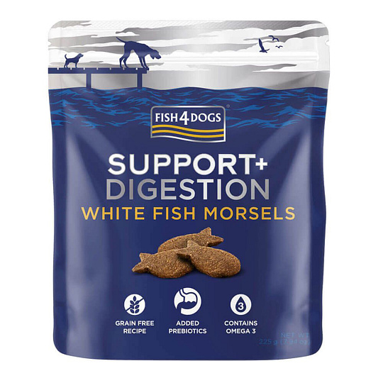 FISH4DOGS Pamlsky pro psy SUPPORT+ podpora trávení bílá ryba s prebiotiky 225 g