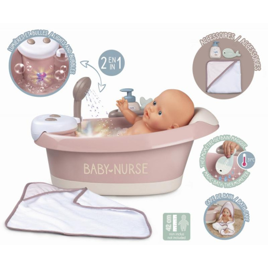 Smoby Vanička s tekoucí vodou ve sprše Balneo Bath Natur D'Amour Baby Nurse  s jacuzzi koupelí se světlem a bubláním elektronické