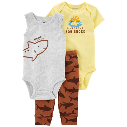 CARTER'S Set 3dílný tepláky, body kr. rukáv, body bez rukávů Brown Shark kluk 3m