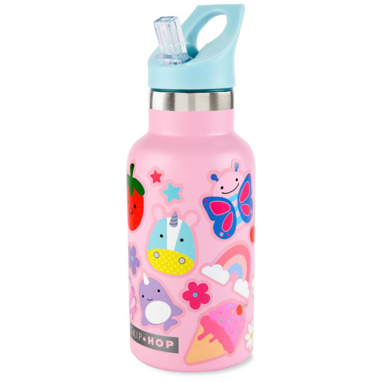 SKIP HOP Láhev s nálepkami se slámkovým náústkem nerezová ružová 380 ml, 4r+