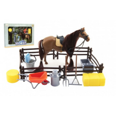 Kůň česací hnědý plast s doplňky a ohradou v krabici 34x25x5cm Kůň česací hnědý plast s doplňky a ohradou v krabici 34x25x5cm