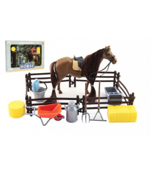 Kůň česací hnědý plast s doplňky a ohradou v krabici 34x25x5cm Kůň česací hnědý plast s doplňky a ohradou v krabici 34x25x5cm