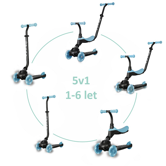 QPLAY Koloběžka / odrážedlo Sema Evo s LED světly Sky Blue, věk 1 - 6 let, do 50 kg