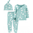 CARTER'S Set 3dílný polodupačky, tričko dl. rukáv zavinovací, čepice Blue Clouds neutrál LBB PRE, ve