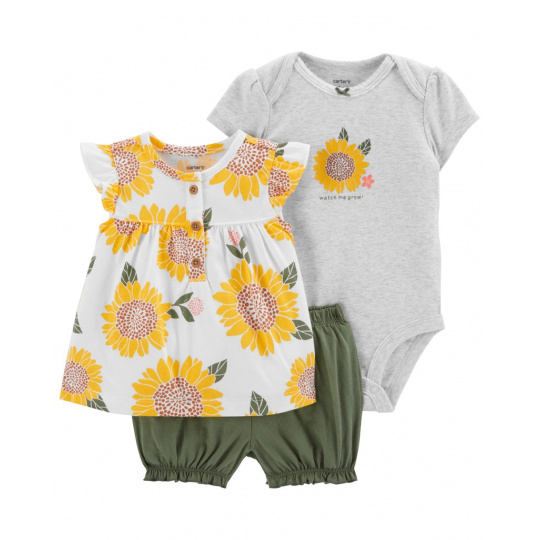 CARTER'S Set 3dílný body kr. rukáv, triko kr. rukáv, kraťasy Grey Sunflower holka 6m