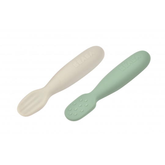 První trénovací lžičky silikonové 2 ks Sage Green / Velvet Grey
