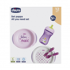 CHICCO Set jídelní - talíře, příbory, sklenka, růžový 12m+ CHICCO Set jídelní - talíře, příbory, sklenka, růžový 12m+