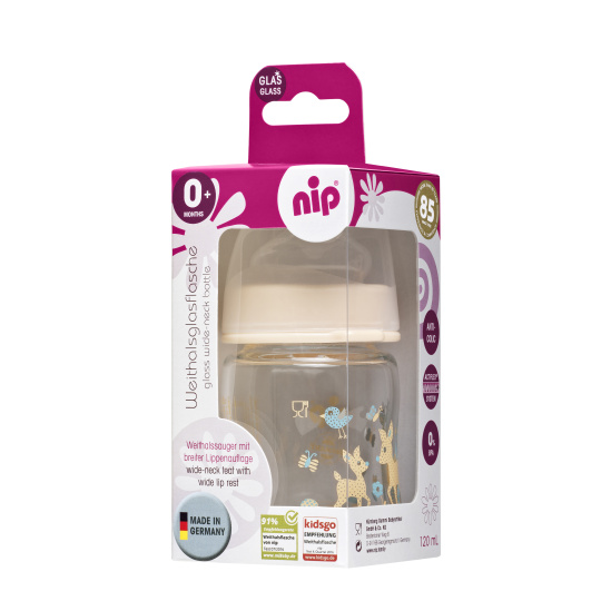 NIP Láhev kojenecká sklo,široká,silkon-S,120ml,0m+,uni