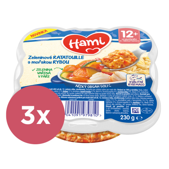 3x HAMI Talířek masozeleninový Zeleninové ratatouille s mořskou rybou 230g, 12+