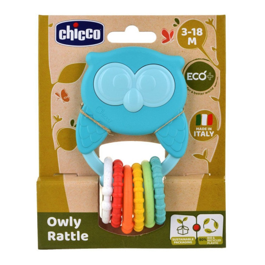 CHICCO Kousátko s chrastítkem se senzorickými kroužky Eco+ Sova Owly 3m+