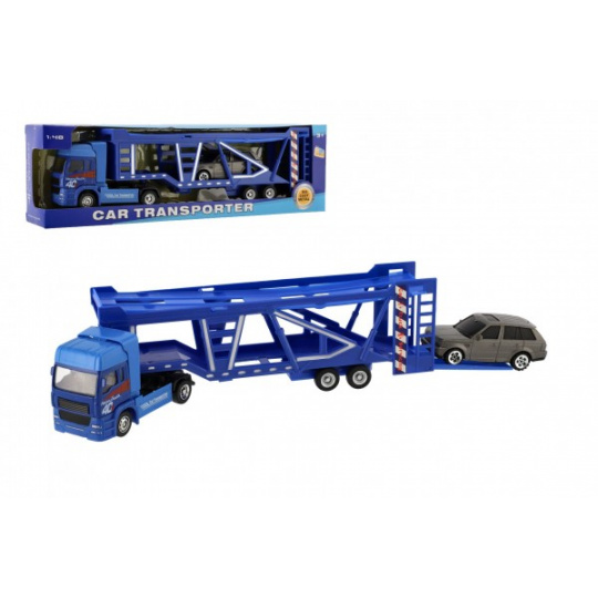 Auto kamion přepravník +  auto kov/plast 32cm na volný běh v krabici 36x11x6cm