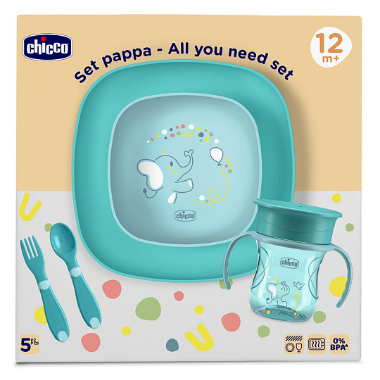 CHICCO Set jídelní - miska, talíř, láhev a příbor blue 12m+ CHICCO Set jídelní - miska, talíř, láhev a příbor blue 12m+