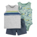 CARTER'S Set 3dílný body bez rukávů, tílko, kraťasy Grey Cars kluk 3m