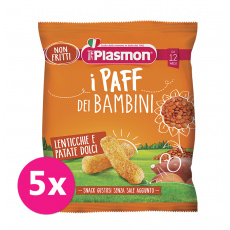 5x PLASMON Křupky zeleninové bezlepkové na cesty Paff 63% čočka a batáty 15g, 12m+ 5x PLASMON Křupky zeleninové bezlepkové na cesty Paff 63% čočka a batáty 15g, 12m+