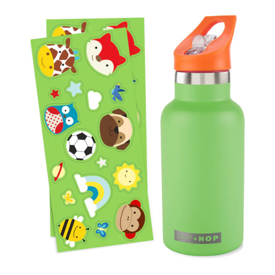 SKIP HOP Láhev s nálepkami se slámkovým náústkem nerezová zelená 380 ml, 4r+