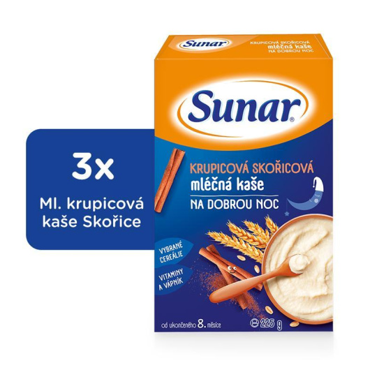 3x SUNAR Kaše mléčná krupicová na dobrou noc skořicová 225 g