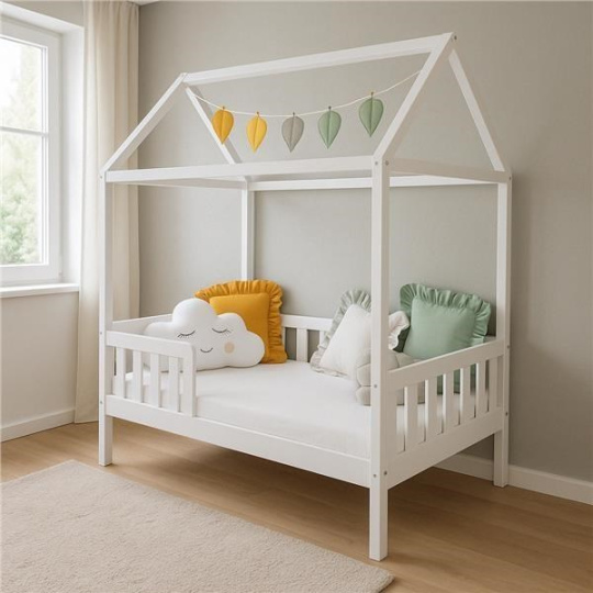 Dětská postel domeček se zábradlím a roštem New Baby CASTELLO 180x90 cm bílá