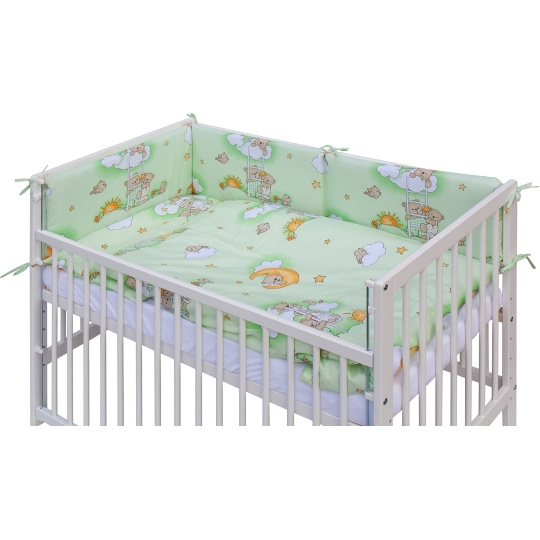 Dětská postýlka se stahovací bočnicí - bílá - 120x60 cm s kompletní výbavou Mráček Barva soupravy: Mráček zelený Dětská postýlka se stahovací bočnicí - bílá - 120x60 cm s kompletní výbavou Mráček Barva soupravy: Mráček zelený