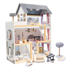 KIK Dřevěný domeček pro panenky šedý 78 cm + LED + nábytek
