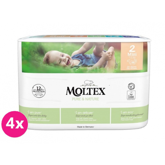 4x MOLTEX Pure & Nature Pleny jednorázové 2 Mini (3-6 kg) 38 ks - ECONOMY PACK