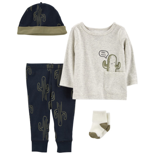 CARTER'S Set 4dílný triko dl. rukáv, tepláky, čepice, ponožky Cactus kluk 3m