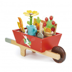 Tender Leaf Toys Dřevěné kolečko se zahradním nářadím Garden Wheelbarrow  13dílná souprava květináče s konví a rostlinami