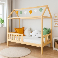 Dětská postel domeček se zábradlím a roštem New Baby CASTELLO 160x80 cm přírodní Dětská postel domeček se zábradlím a roštem New Baby CASTELLO 160x80 cm přírodní