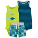 CARTER'S Set 3dílný overal letní kr. rukáv, body bez rukávů, kraťasy Stripes Dinos kluk 9m
