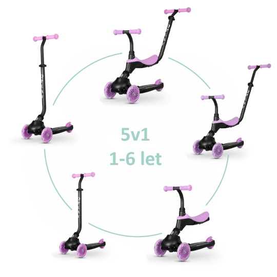 QPLAY Koloběžka / odrážedlo Sema Evo s LED světly Violet, věk 1 - 6 let, do 50 kg