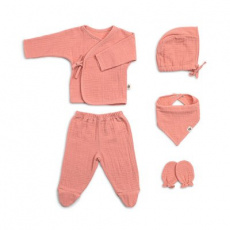 FUNNABABY Mušelínový Novorozenecký set 5 dílný Coral Pink vel. 0 - 3 m. FUNNABABY Mušelínový Novorozenecký set 5 dílný Coral Pink vel. 0 - 3 m.