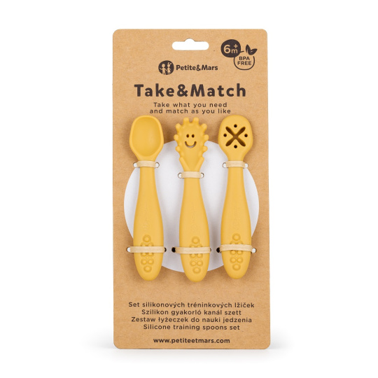 PETITE&MARS Set 3 ks silikonových tréninkových lžiček Take&Match Intense Ochre 6m+