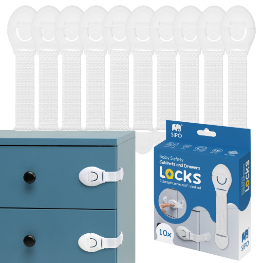 Sipo Bezpečnostní zámek (pásek) na skříňky a zásvuky, sada 10ks, textilní-bílá
