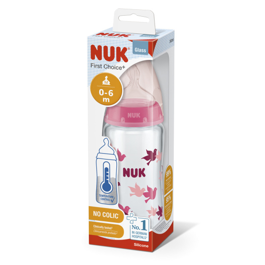 NUK FC+ Lahev skleněná s kontrolou teploty 240 ml - růžová