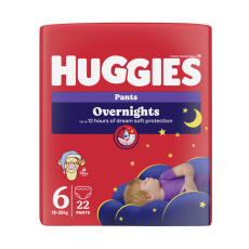 HUGGIES® Kalhotky plenkové noční Overnights Pants vel. 6 (15-25 kg), 22 kusů HUGGIES® Kalhotky plenkové noční Overnights Pants vel. 6 (15-25 kg), 22 kusů