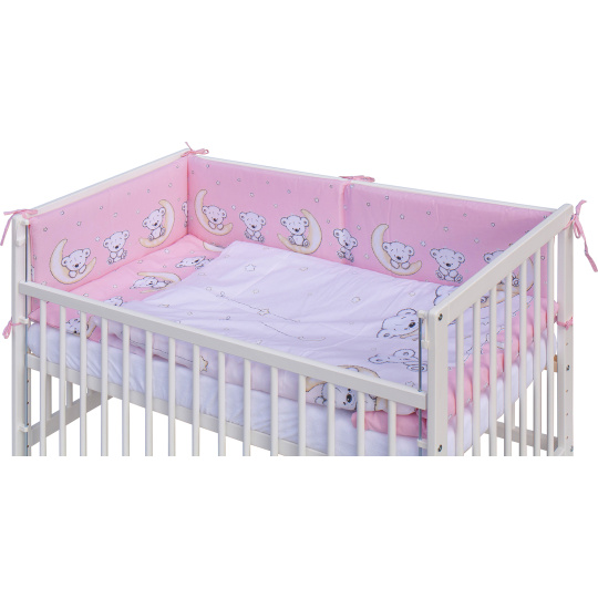 Dětská postýlka se stahovací bočnicí - bílá - 120x60 cm s kompletní výbavou Toro Barva soupravy: Toro růžová Dětská postýlka se stahovací bočnicí - bílá - 120x60 cm s kompletní výbavou Toro Barva soupravy: Toro růžová