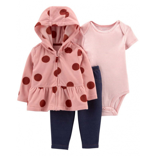CARTER'S Set 3dílný fleece kabátek, kalhoty, body kr. rukáv Pink Dots dívka NB/ vel. 56
