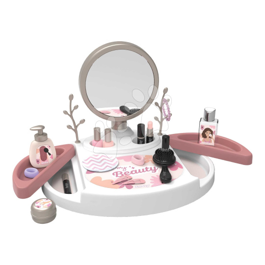 Smoby Kosmetický stolek s polohovatelným zrcadlem My Beauty Studio  s otočnými poličkami a stromky na zavěšení šperků s 15 doplňky