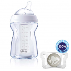 CHICCO Láhev kojenecká sklo Natural Feeling 250 ml, neutral 0m + vzorek Šidítko Physio Micro 0-2m CHICCO Láhev kojenecká sklo Natural Feeling 250 ml, neutral 0m + vzorek Šidítko Physio Micro 0-2m