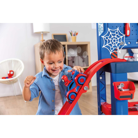 Smoby Pracovní dílna s autíčkem Spidey Bricolo Workbench Marvel  se skákající rampou a nářadím 90 doplňků