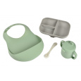 Jídelní sada silikonová 4-dílná s bryndákem Grey / Sage Green