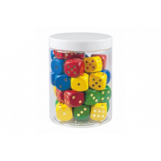 Hrací kostky barevné dřevo společenská hra 25mm 34 ks v plastové dóze 10x14cm 12m+
