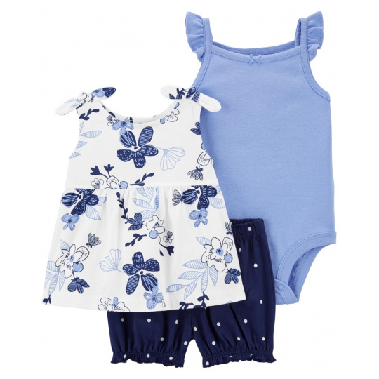 CARTER'S Set 3dílný triko na ramínka, body na ramínka, kraťasy Blue Flowers holka 12m