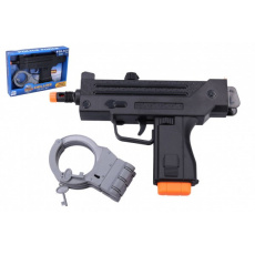 Pistole/Samopal policejní s pouty plast 24cm na baterie se zvukem se světlem v krabici 26x18x5cm Pistole/Samopal policejní s pouty plast 24cm na baterie se zvukem se světlem v krabici 26x18x5cm