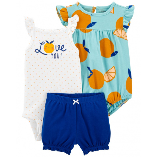 CARTER'S Set 3dílný body na ramínka, body kr. rukáv, kraťasy Blue Orange holka 3m