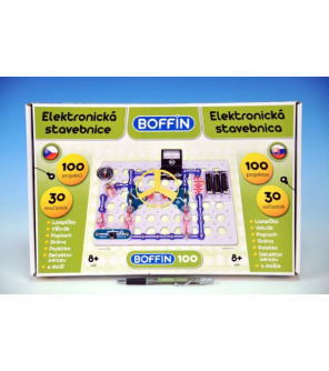 Stavebnice Boffin 100 elektronická 100 projektů na baterie 30ks v krabici 38x25x5cm Stavebnice Boffin 100 elektronická 100 projektů na baterie 30ks v krabici 38x25x5cm